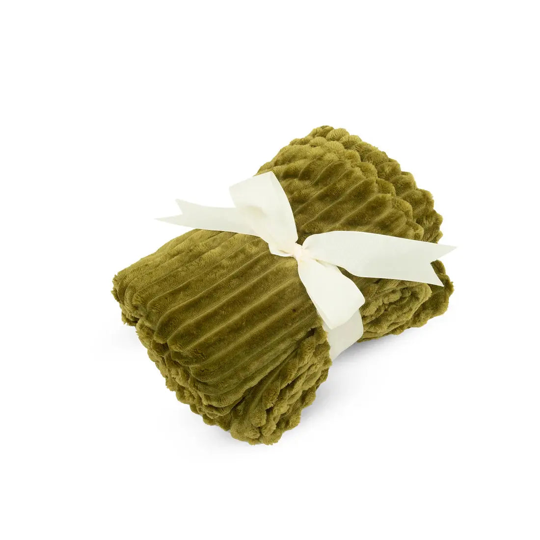 The HuggleHounds Scout Blankie Double-Sided Plush Dog Blanket by HuggleHounds is a soft, olive green ribbed plush blanket, neatly rolled and tied with a cream ribbon against a white background.