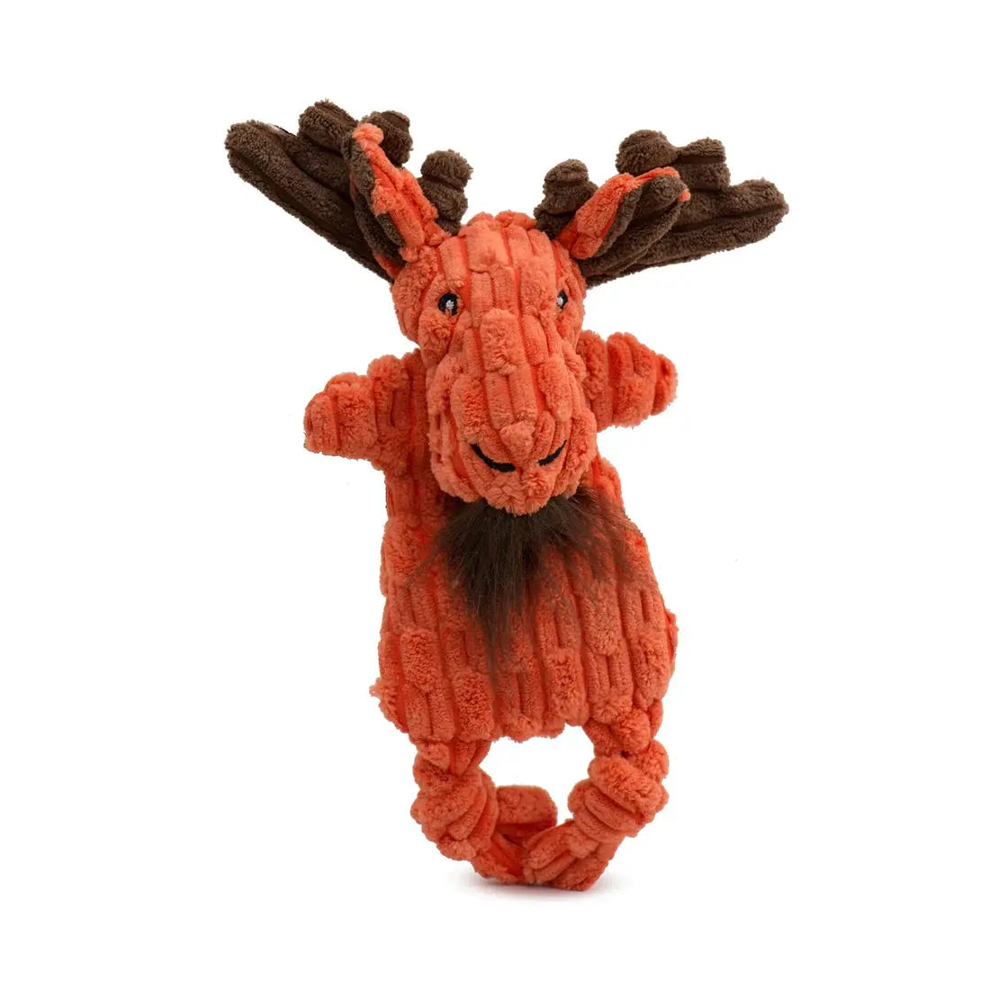 HuggleHounds Woodland HuggleFlatties Tough Squeaky Small Plush Dog Toys 3pk features plush orange moose toys with textured fabric, brown antlers, and Tuffut Technology for durability. Shown upright against a white background.