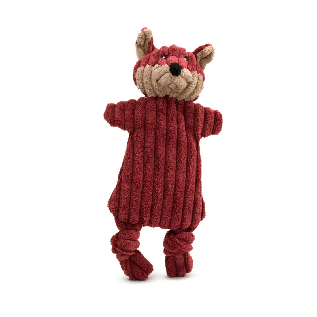 HuggleHounds Woodland HuggleFlatties Tough Squeaky Small Plush Dog Toys 3pk features a red fox plush with corduroy texture, tan snout and inner ears, knotted limbs, and Tuffut Technology for extra durability. Brand: HuggleHounds.