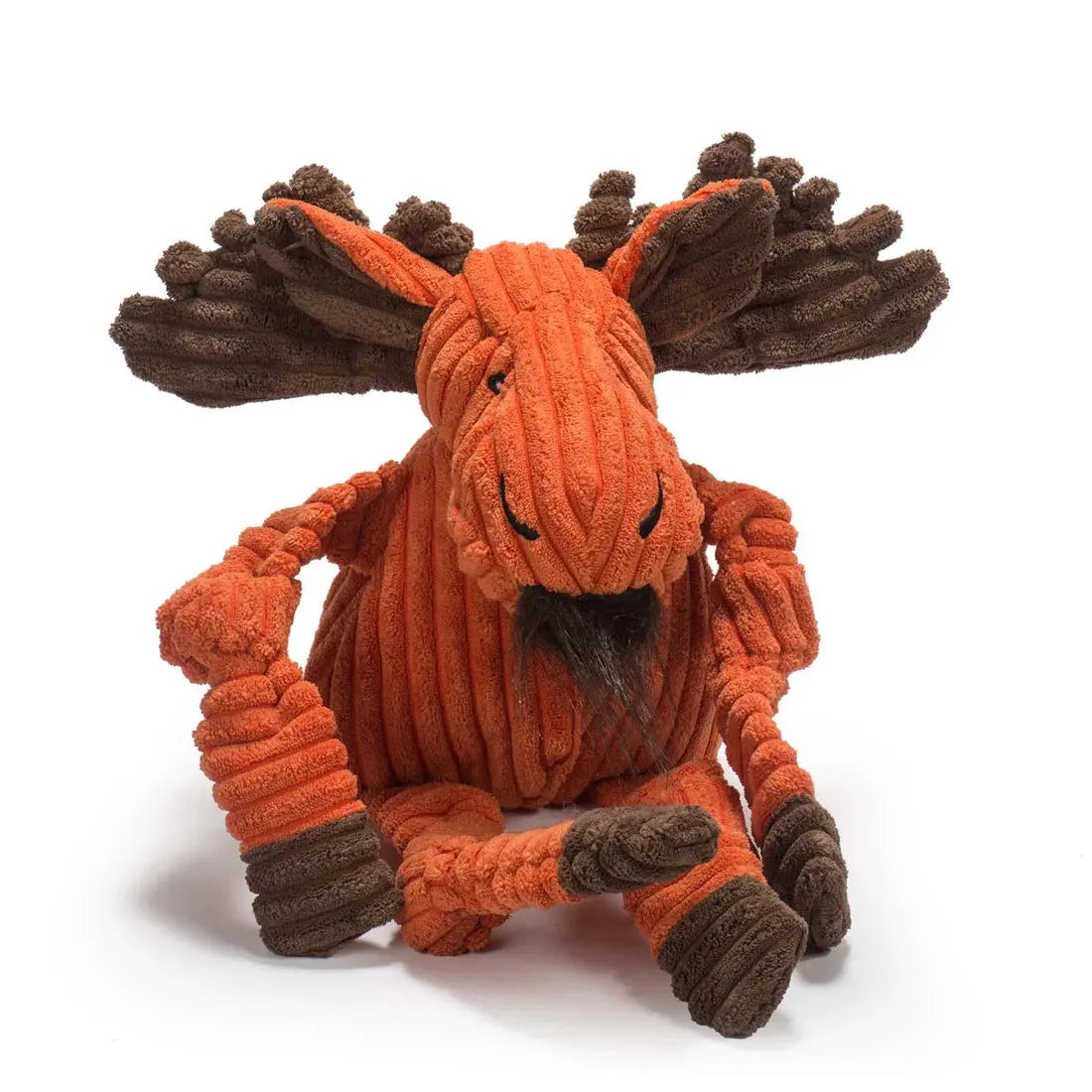 The HuggleHounds Woodlands Durable Plush Corduroy Knottie Moose Squeaky Dog Toy features an orange and brown moose with big textured antlers, floppy limbs, and a black fuzzy beard—perfect for playful pups.