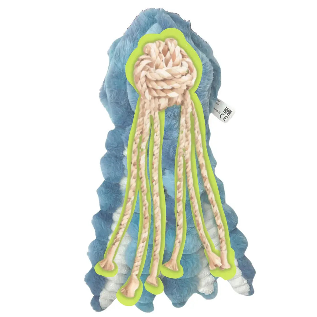 The HuggleHounds X-Brace Calamaro Large Dog Tots is a blue plush octopus dog toy from HuggleHounds, with a soft body and green-outlined beige rope tentacles, each featuring knotted ends for interactive play.