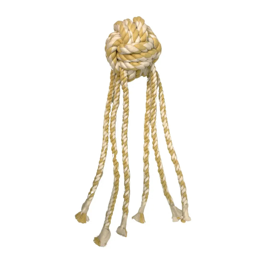 The HuggleHounds X-Brace Calamaro Large Dog Tots by HuggleHounds is a durable twisted yellow and white rope toy, featuring a knotted ball top with long rope strands hanging down—perfect for tough play.