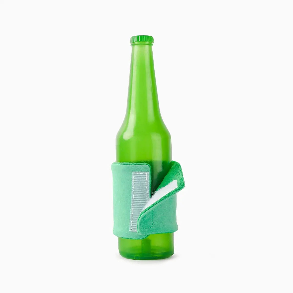 The Hugsmart Pet Boozy Tailz Heinecanine TPR Rubber Dog Toy features a green bottle shape with a light green fabric sleeve and velcro strap—ideal as an interactive toy or for inspiring your own DIY dog bottle toy.