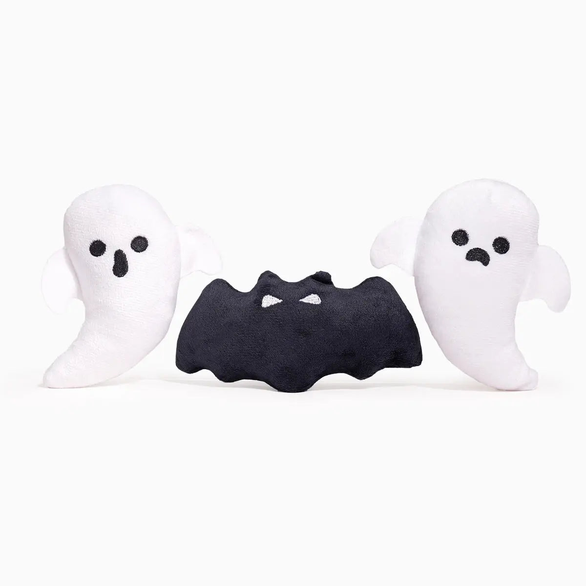 The Hugsmart Pet Howloween Night Haunted Tree Interactive Dog Toy by Hugsmart Pet features plush white ghosts and a plush black bat, making it the perfect interactive Halloween toy set for your dog.