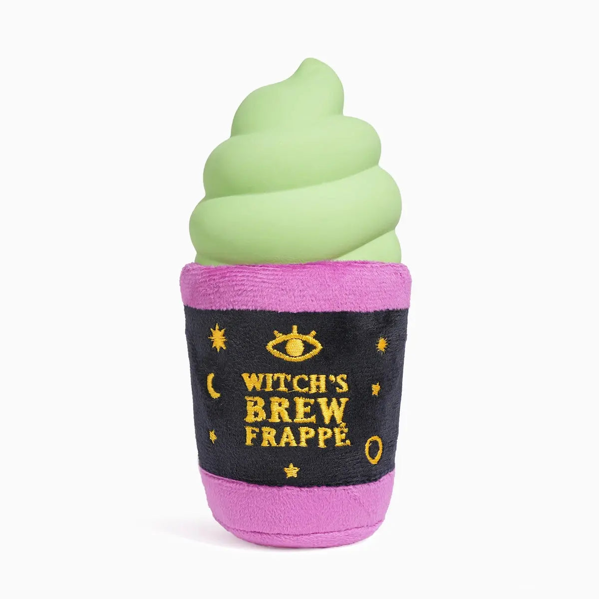 The Hugsmart Pet Howloween Night Witch Brew Frappe Halloween Dog Toy is a squeaky green soft-serve plush in a pink cup labeled Witchs Brew Frappé, making it a fun, whimsical Halloween toy for your dog.