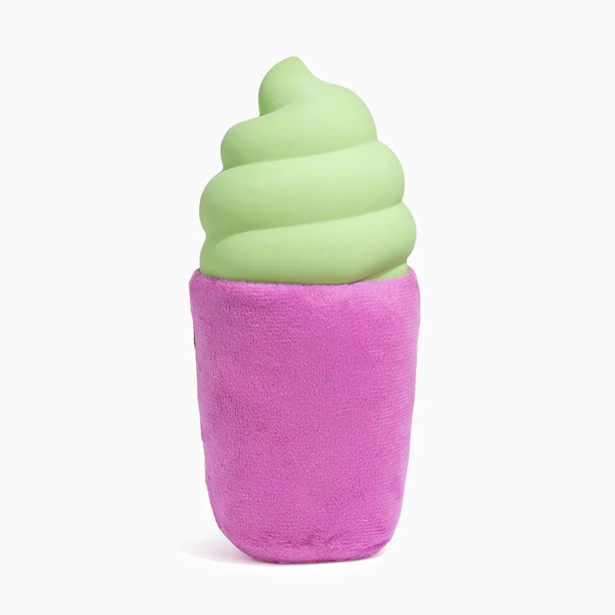 The Hugsmart Pet Howloween Night Witch Brew Frappe Halloween Dog Toy, by Hugsmart Pet, is a plush squeaky dog toy designed to look like a swirled green ice cream in a bright pink cone, shown against a plain white background.