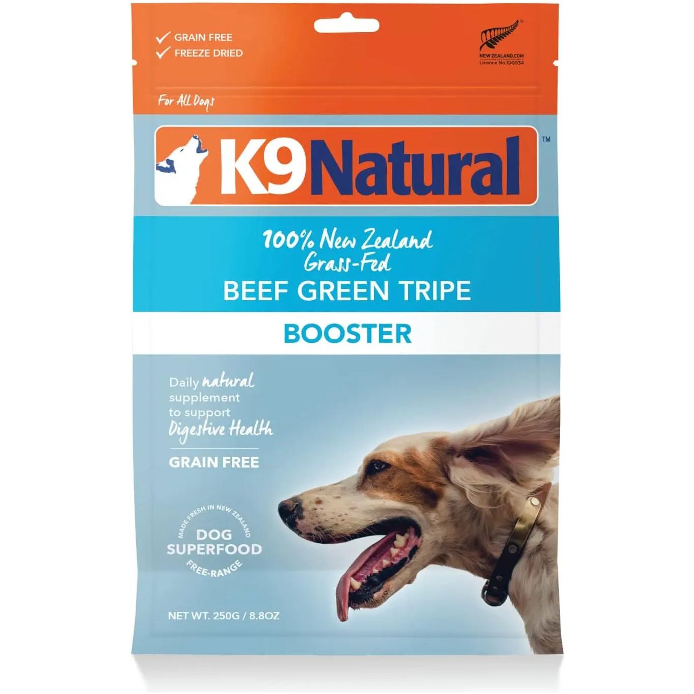 K9 Natural Beef Green Tripe Booster Digestive Supplement for Dogs is a freeze-dried, grain-free product featuring 100% New Zealand grass-fed beef green tripe. Net weight: 250g (8.8oz). Shows a happy dog on the front.