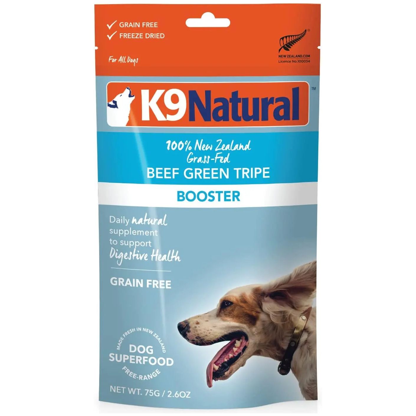 A blue and orange K9 Natural Beef Green Tripe Booster Digestive Supplement for Dogs bag, made with New Zealand beef tripe, features a dog photo plus labels for grain-free, freeze-dried food, and digestive benefits.