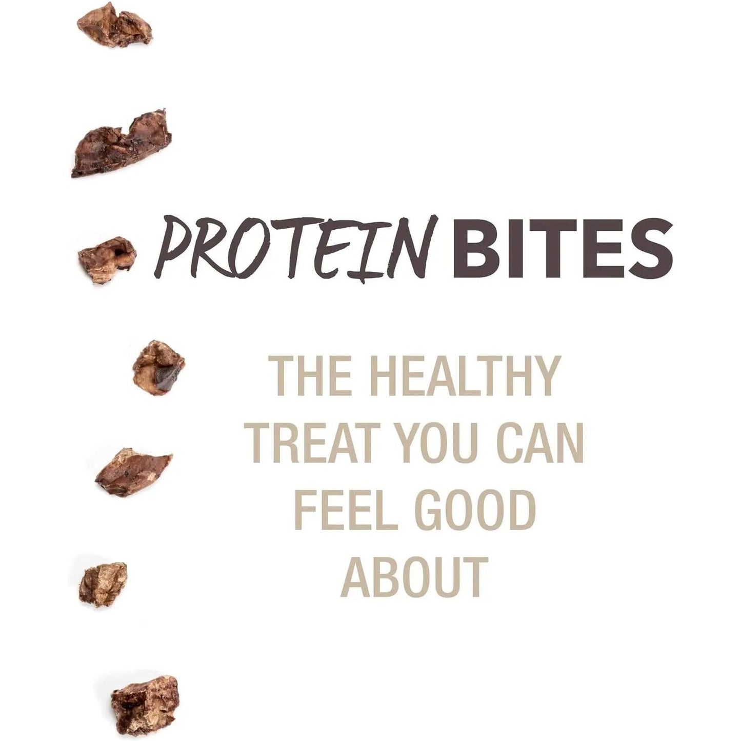 K9 Natural Beef Lung Protein Bites Air-Dried Dog Treats 2.1oz are arranged vertically on the left of a white background. Large text says K9 NATURAL PROTEIN BITES with the tagline: THE HEALTHY TREAT YOU CAN FEEL GOOD ABOUT.