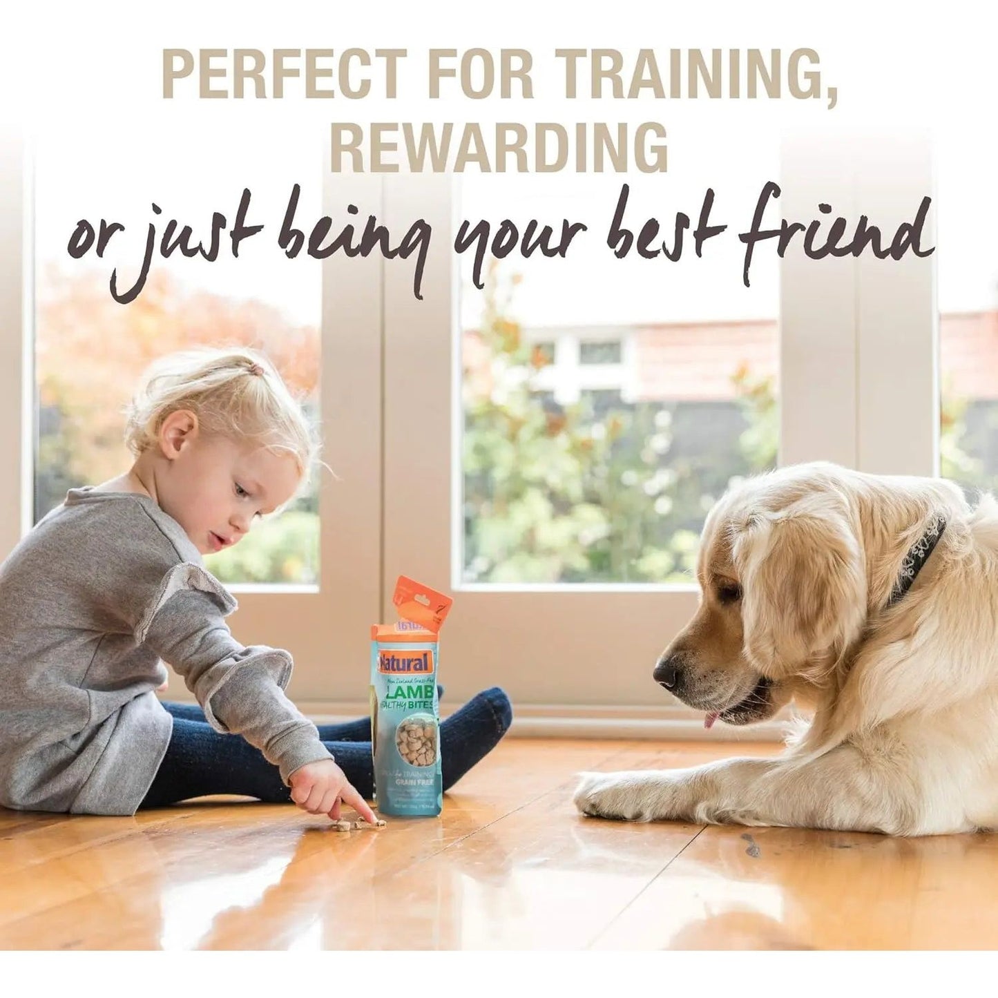 A young child sits with a Golden Retriever, pointing at K9 Natural Beef Lung Protein Bites Air-Dried Dog Treats 2.1oz by K9 Natural. Text in the background says: Perfect for training, rewarding or just being your best friend.