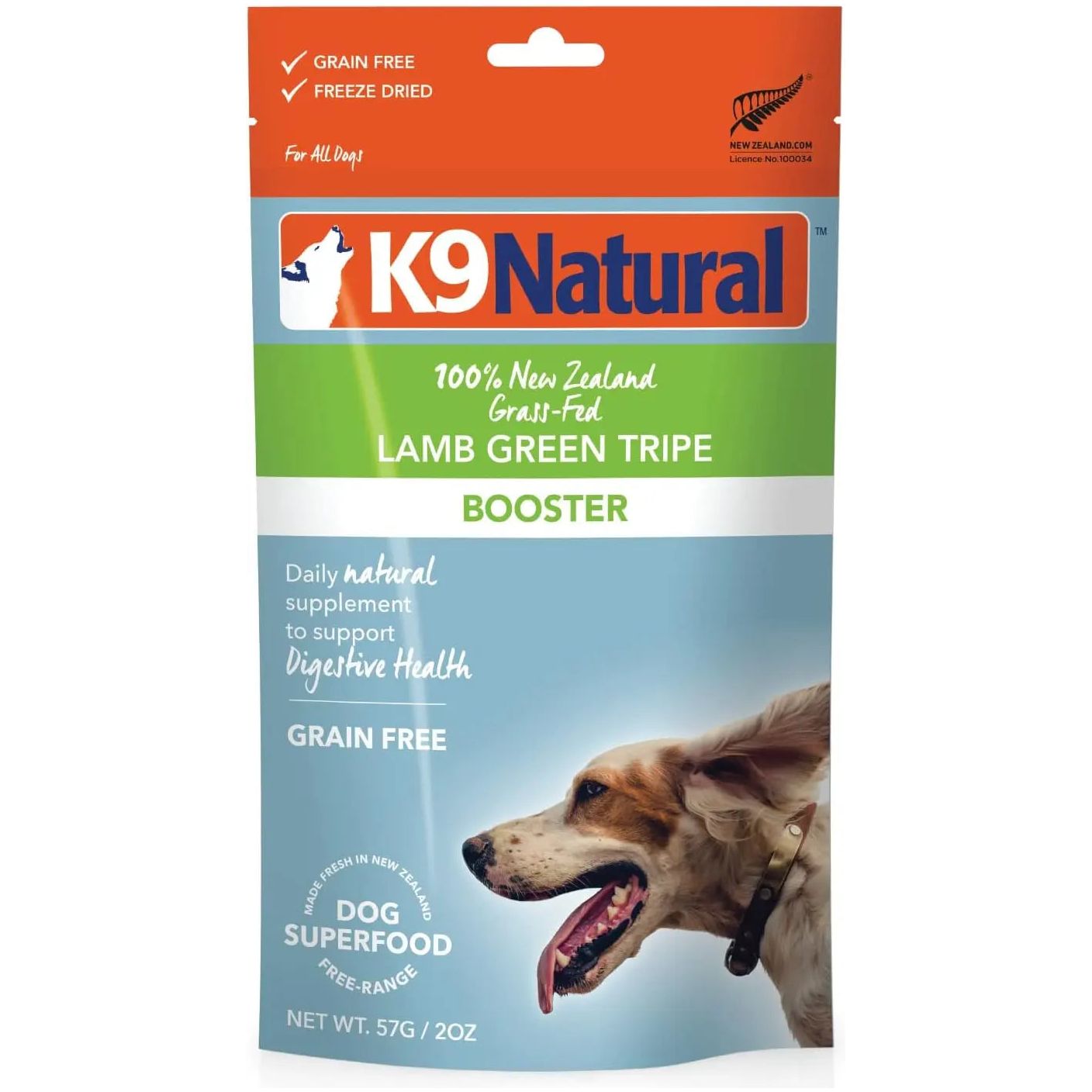 K9 Natural Lamb Green Tripe Booster Digestive Supplement for Dogs is a grain-free, freeze-dried formula made with New Zealand lamb tripe to support digestive health, from the K9 Natural brand. Packaging features a dog photo.