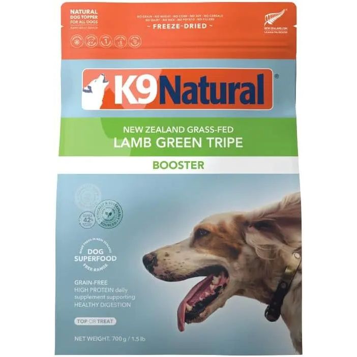 K9 Natural Lamb Green Tripe Booster Digestive Supplement for Dogs, a grain-free digestive aid, comes in packaging with a side-profile dog image and product details in orange, green, and blue.