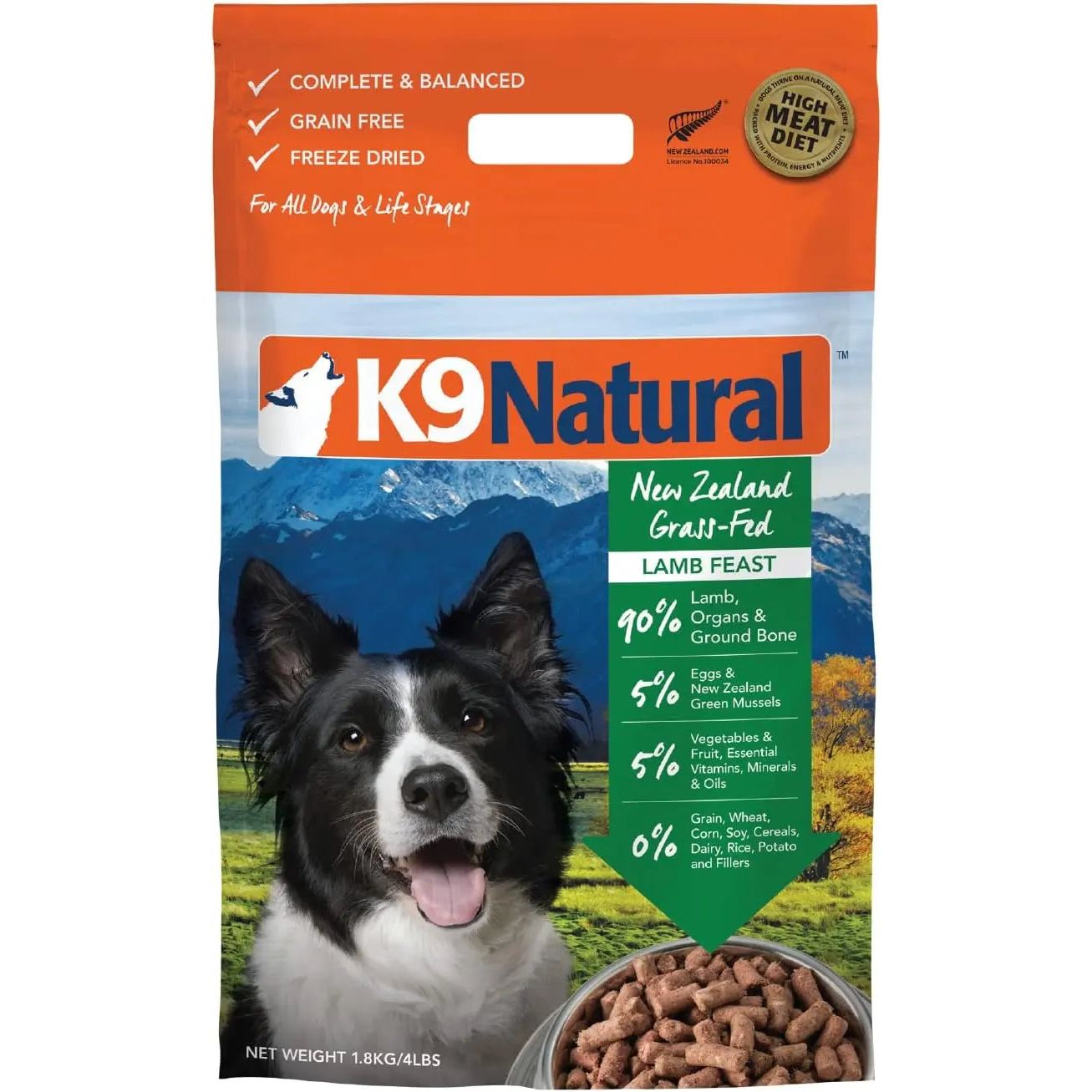 A bag of K9 Natural Lamb & King Salmon Grain-Free Freeze-Dried Dog Food shows a black and white dog, bowl of food, mountains, and highlights key ingredients, benefits, and Omega-3 Fatty Acids on the packaging.