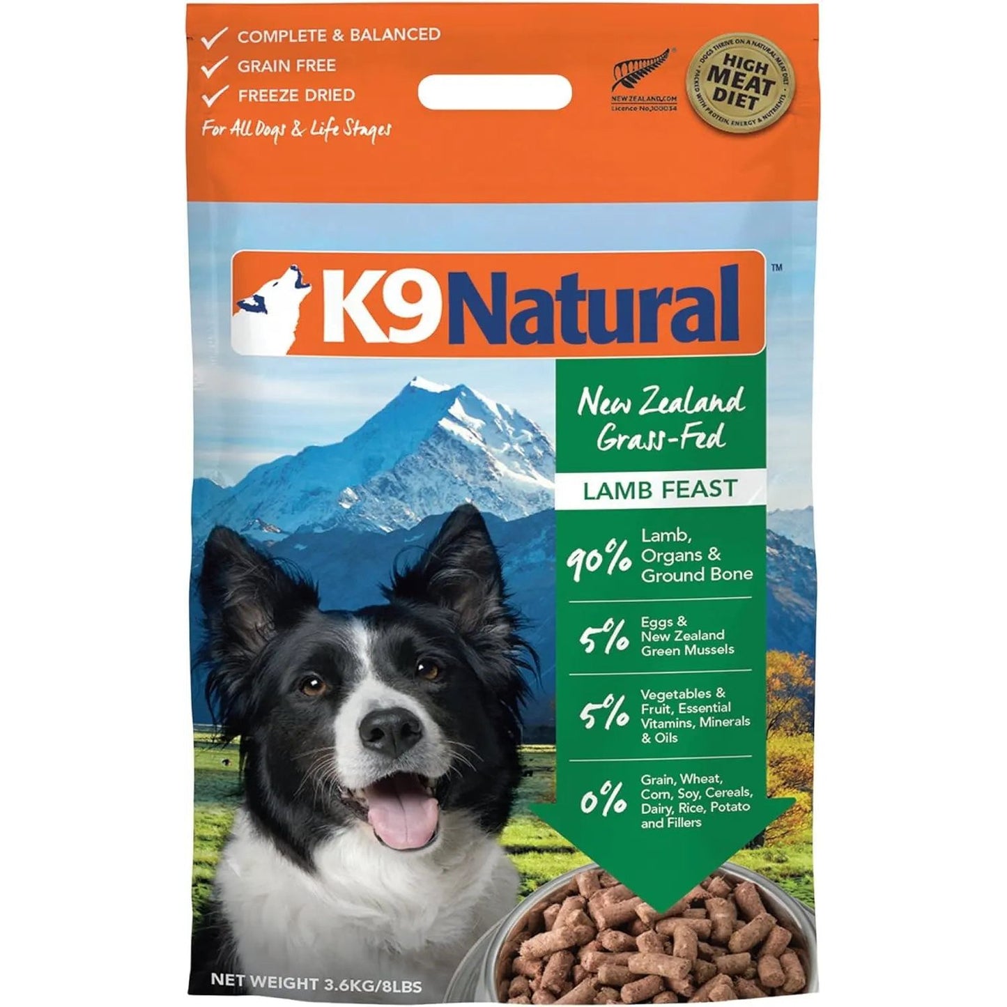 A bag of K9 Natural Lamb & King Salmon Grain-Free Freeze-Dried Dog Food by K9 Natural, showing a black and white dog, mountain landscape, product details, and a bowl of grain-free dog food in the lower right corner.