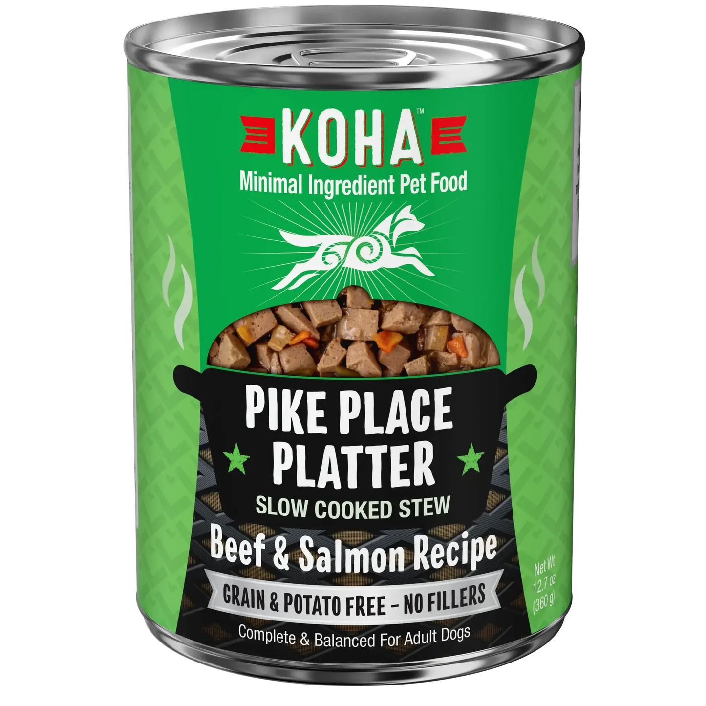 KOHA Pike Place Platter Slow Cooked Stew Beef & Salmon Recipe for Dogs 12.7oz Cans Case of 12 KOHA