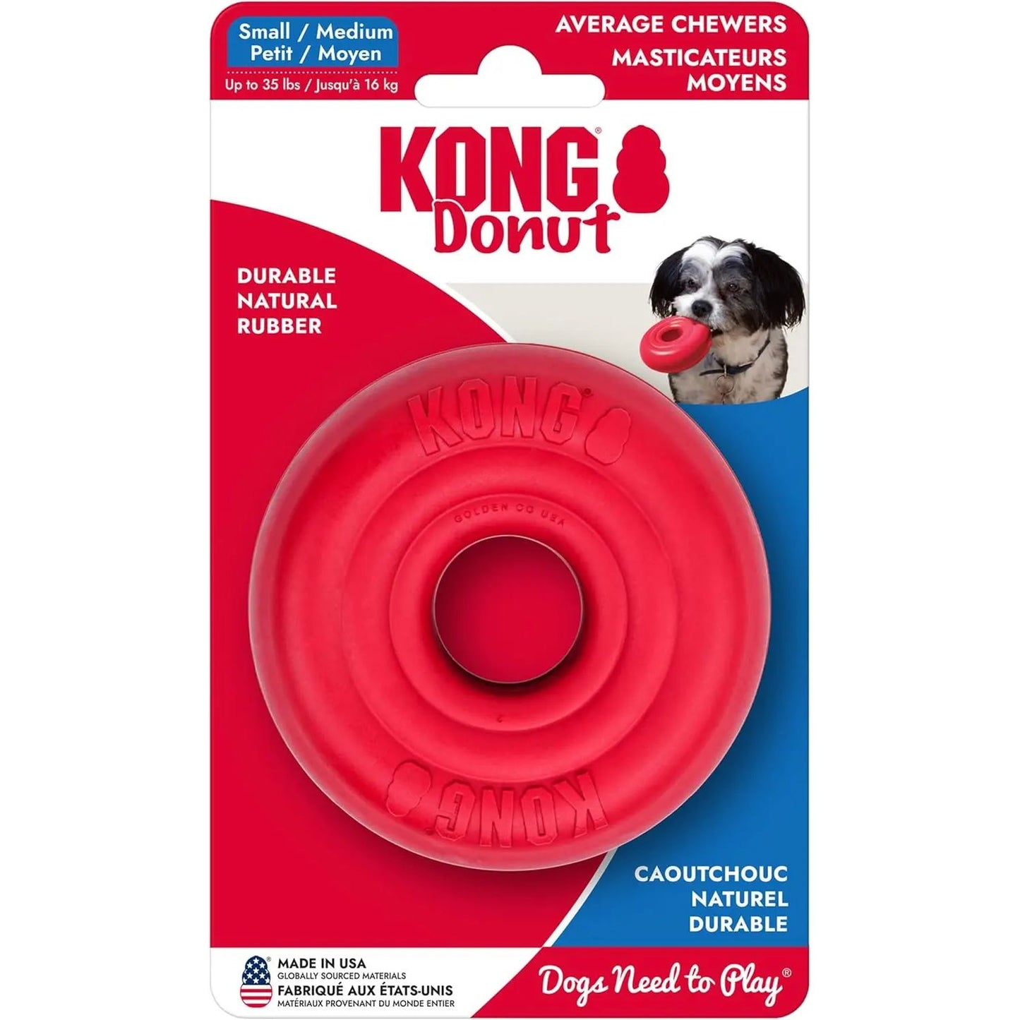 A KONG Donut Dog Toy – Durable Rubber Chew & Fetch Fun by Kong is shown in its packaging for small to medium dogs, featuring a photo of a dog with the toy and information about its durability and use for average chewers.