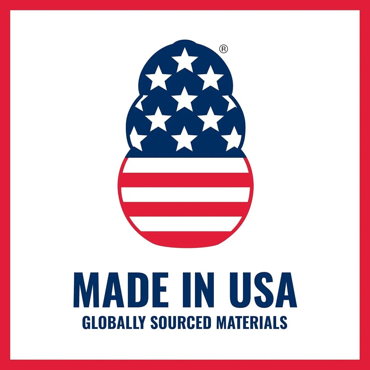 A graphic of the KONG Donut Dog Toy by Kong, decorated with stars and stripes like the US flag, with the text Made in USA and Globally Sourced Materials below.
