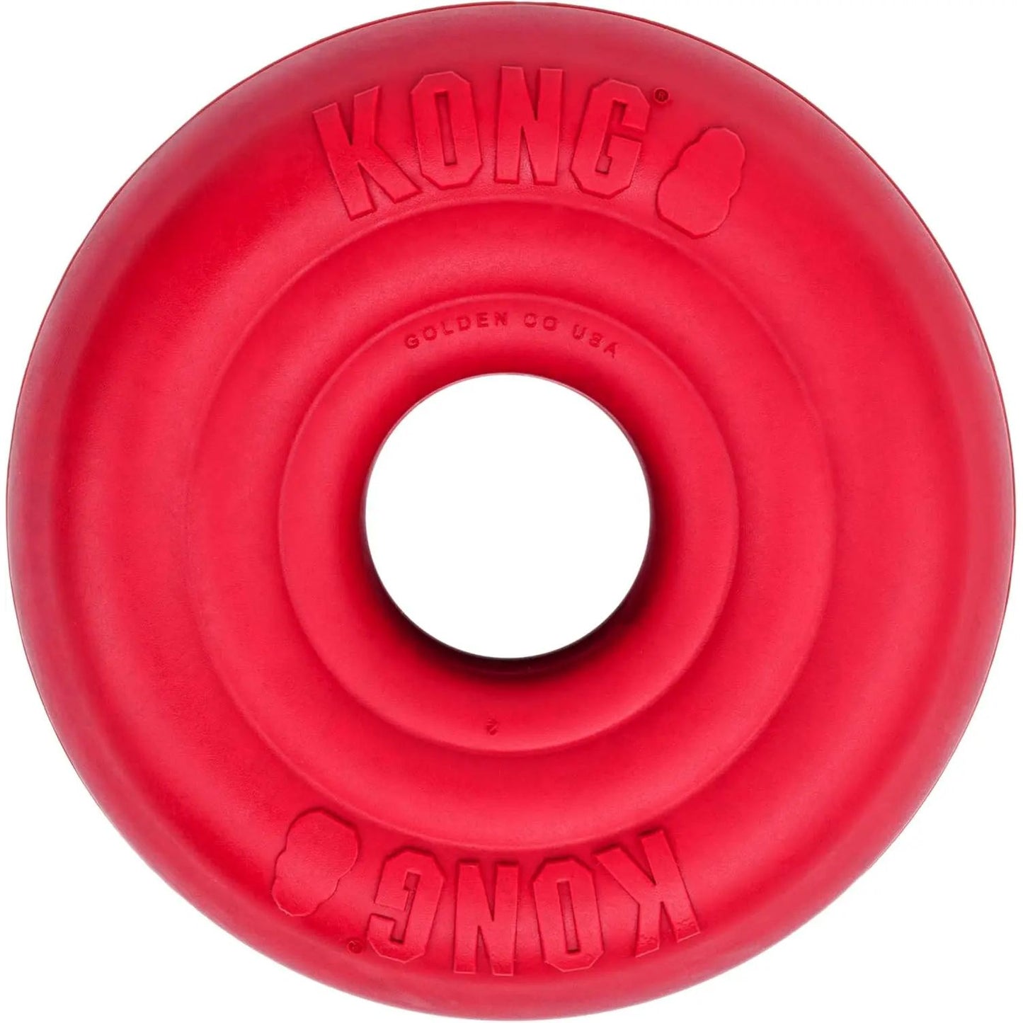 The KONG Donut Dog Toy is a red, doughnut-shaped durable rubber chew and fetch toy with the Kong brand name embossed on both sides.