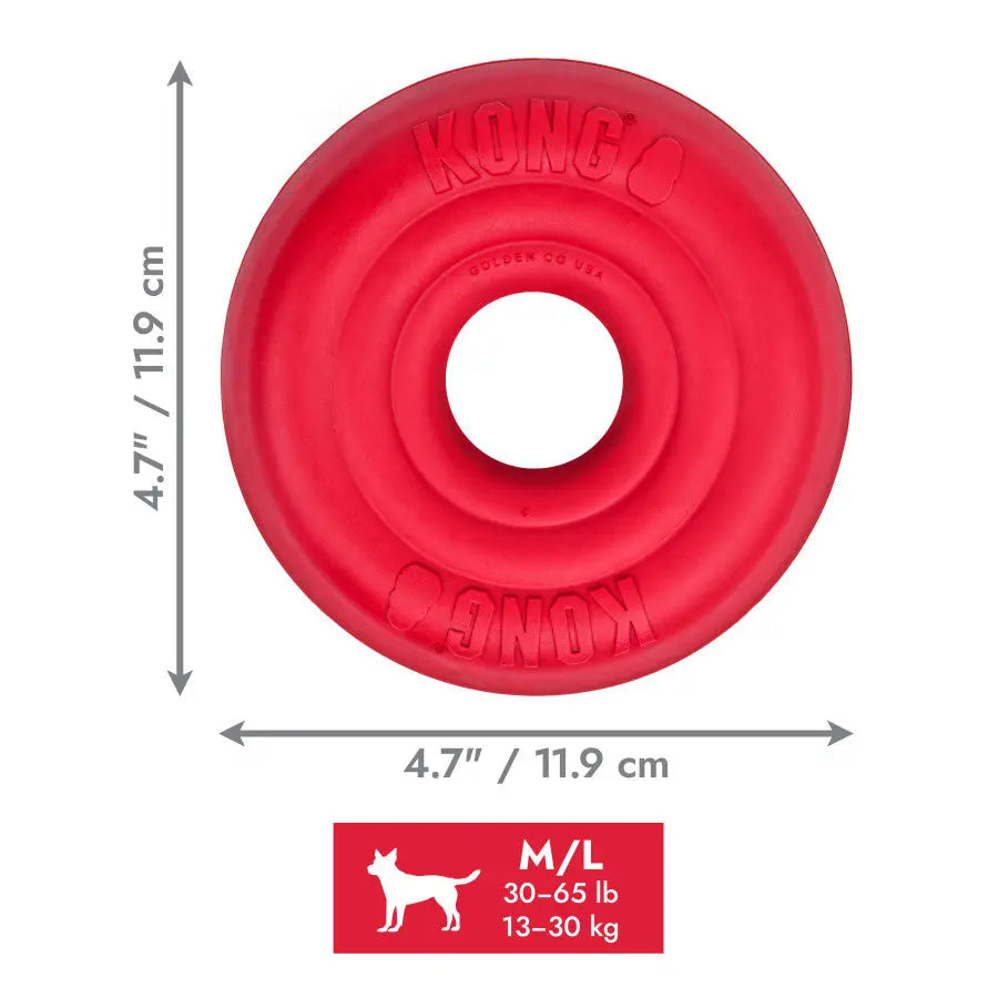 The KONG Donut Dog Toy by Kong is shown in red, circular shape, with a 4.7-inch (11.9 cm) diameter, size M/L for dogs weighing 30–65 lb (13–30 kg).