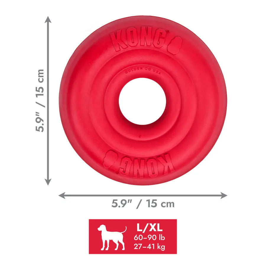 The KONG Donut Dog Toy by Kong is a red, durable rubber ring measuring 5.9 inches (15 cm) in diameter, designed for large/extra large dogs weighing 60–90 lb (27–41 kg).