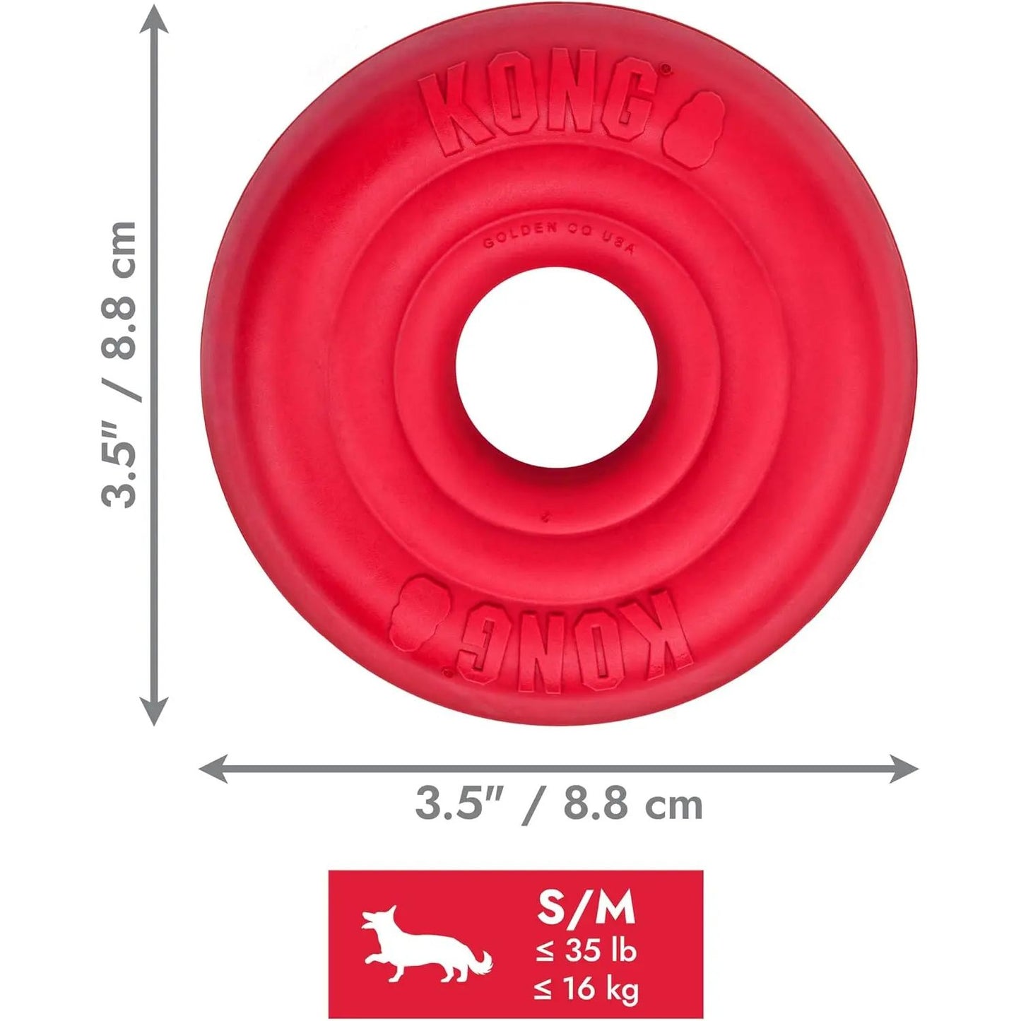 The KONG Donut Dog Toy by Kong is a red, circular rubber chew and fetch toy with a hole in the center, 3.5 inches (8.8 cm) in diameter, ideal for small/medium dogs up to 35 lbs (16 kg).