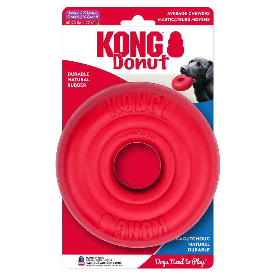 The KONG Donut Dog Toy – Durable Rubber Chew & Fetch Fun by Kong is packaged for large dogs and average chewers, made from tough natural rubber, and features an image of a dog holding the toy in its mouth on the packaging.