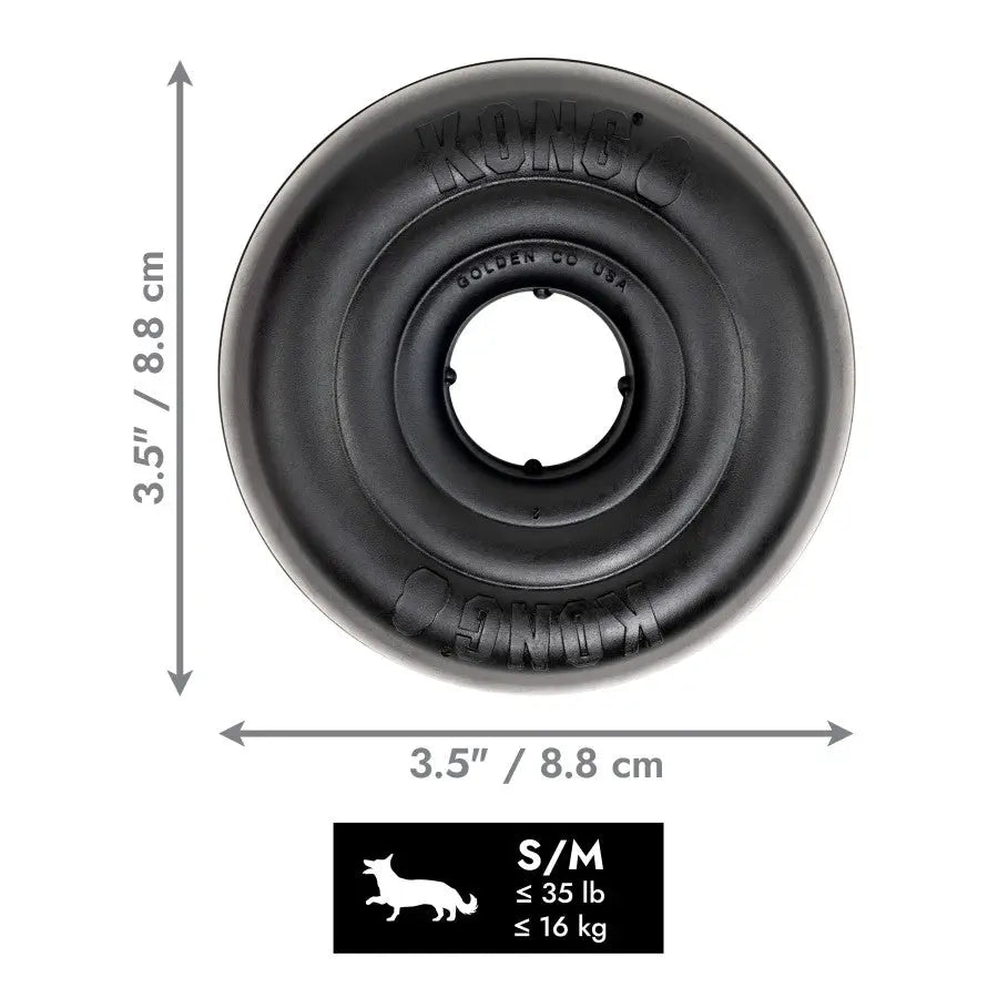 The KONG Extreme Donut Dog Toy by Kong is a black, circular toy measuring 8.8 cm (3.5 inches) in diameter, sized S/M for dogs up to 35 lb (16 kg), and features a dog icon below the sizing info.