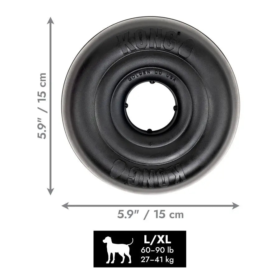 The KONG Extreme Donut Dog Toy by Kong is a black circular toy with a raised ring design, 5.9 inches (15 cm) in diameter, sized L/XL for dogs weighing 60–90 lb (27–41 kg).