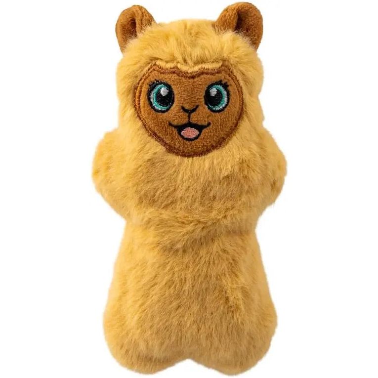 The KONG Snuzzles Mini Plush Dog Toy by Kong is a soft yellow-brown plush with large blue eyes, a brown face, small round ears, and a stitched smiling mouthâperfect for puppies and small dogs.