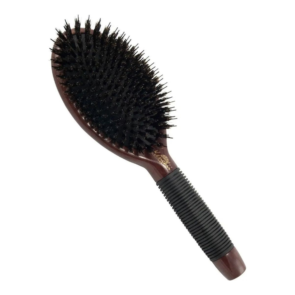 The Kenchii Boar Nylon Bristle Brush by Kenchii features dark, anti-static ionic nylon bristles and a maple wood handle with a black rubber grip, displayed on a white background.