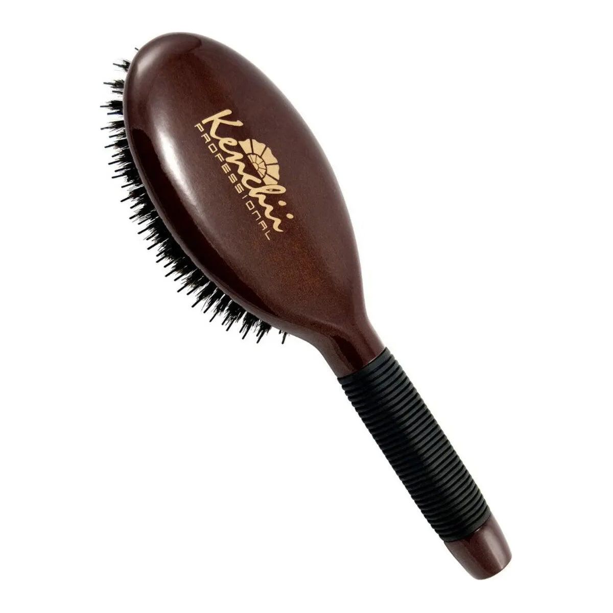 A brown oval Kenchii Boar Nylon Bristle Brush with anti-static ionic nylon bristles, a textured black grip handle, and Kenchii written in gold on the back.