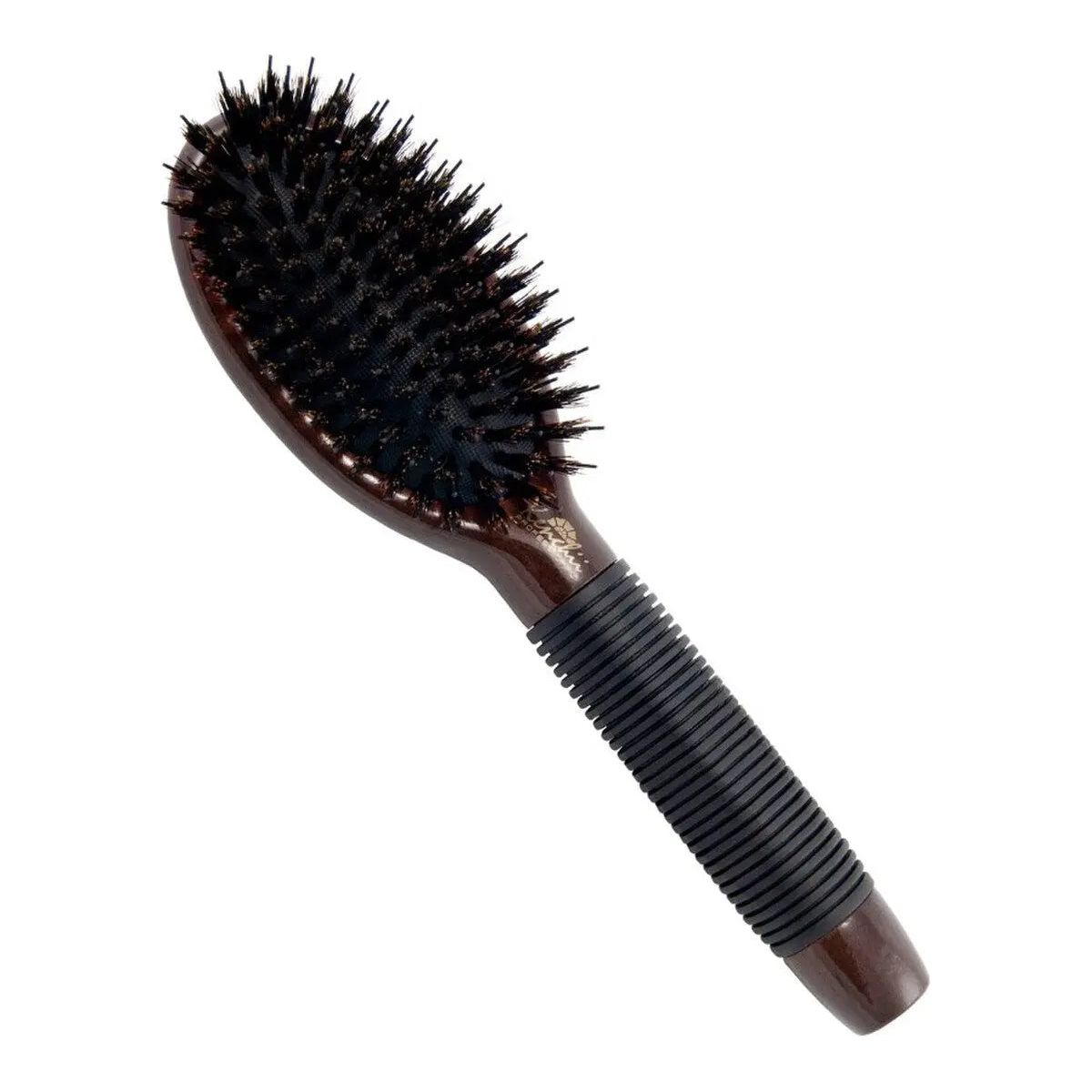 The Kenchii Boar Nylon Bristle Brush by Kenchii features black anti-static ionic nylon bristles and a textured, ribbed handle grip, shown against a white background.