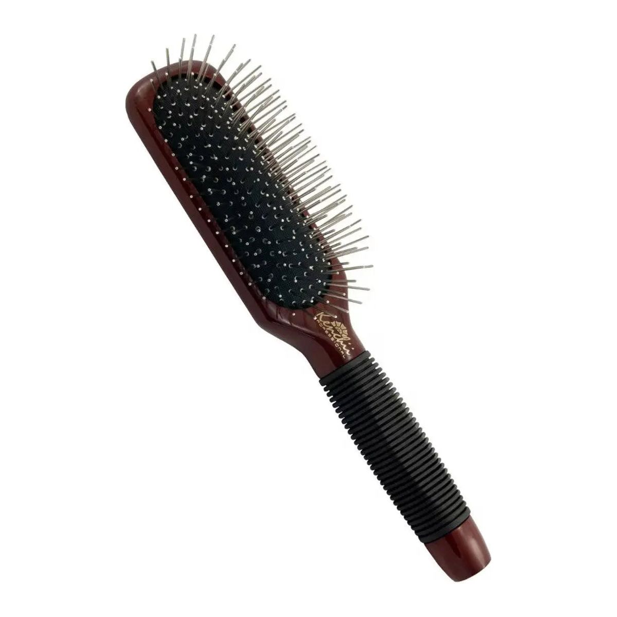 The Kenchii Metal Pin Brush-Oblong by Kenchii features a rectangular dark brown maple wood body, long rust-proof metal pins with rounded tips, and a black ridged rubber handle.