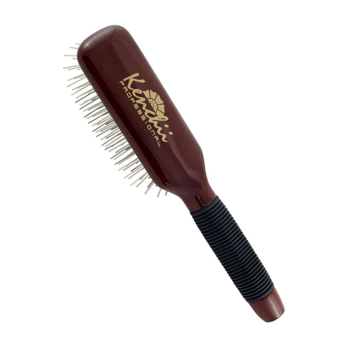 A Kenchii Metal Pin Brush-Oblong, a salon professional brown hairbrush with rust-proof metal pins and a black textured grip handle, by Kenchii, shown on a white background.