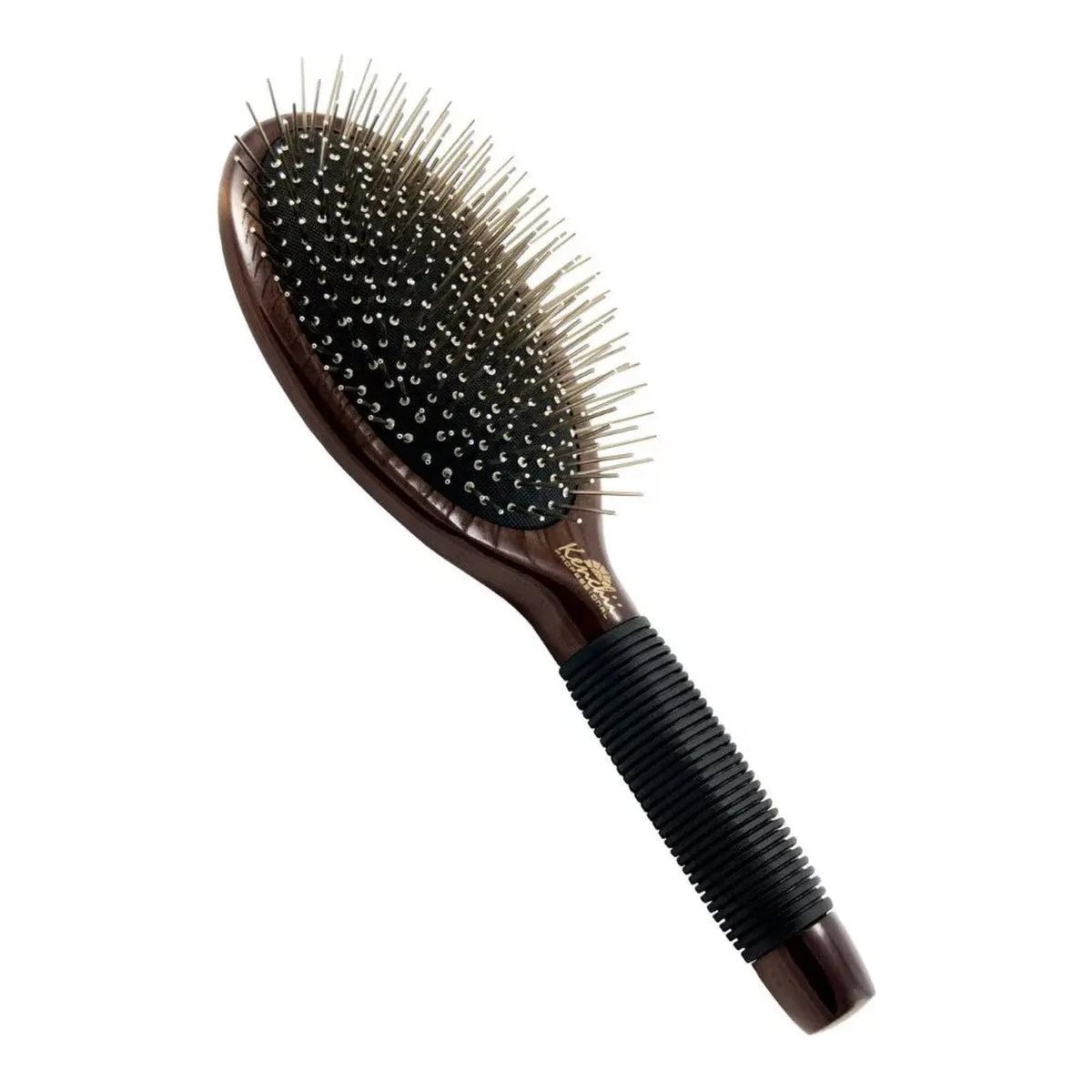 The Kenchii Metal Pin Brush Oval by Kenchii features a dark maple wood handle, non-slip grip, and a black oval base with metal bristles finished with round tips.