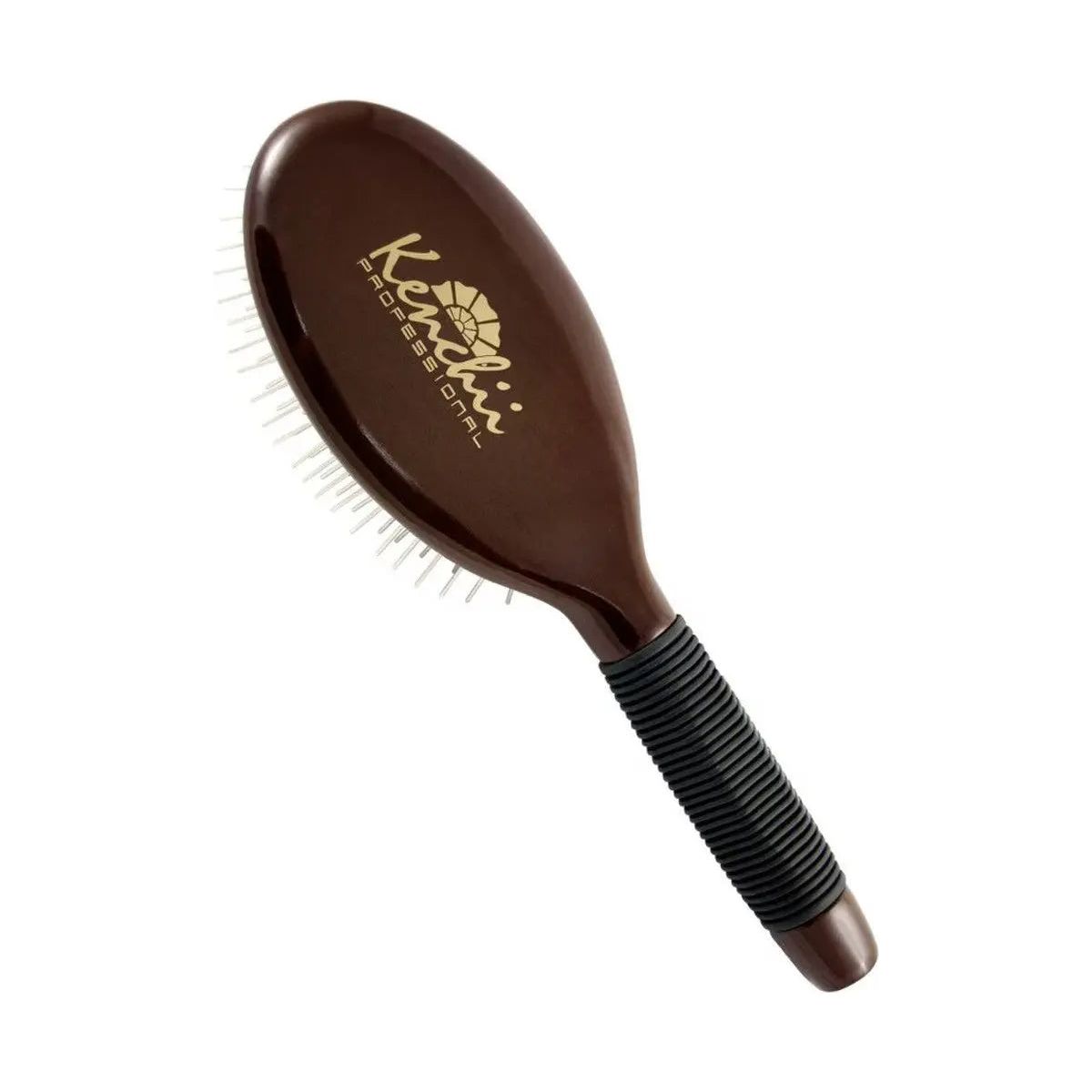 An oval Kenchii Metal Pin Brush with a black, ribbed non-slip grip handle is displayed against a white background.