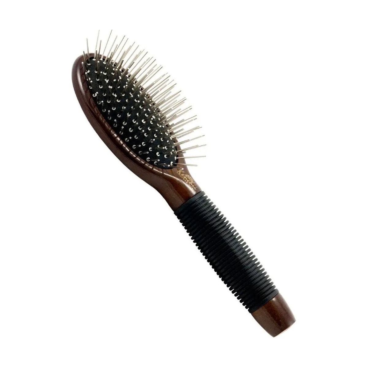 The Kenchii Metal Pin Brush Oval by Kenchii features maple wood, a ribbed black grip, and metal bristles—ideal for gentle pet grooming. Shown isolated on a white background.