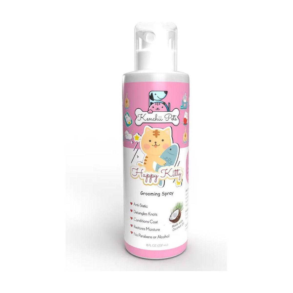 An 8oz bottle of Kenchii Pets Happy Kitty Grooming Spray features a pink label with a cartoon cat, hearts, and pet icons. It helps detangle, reduce static, condition coats, and nourishes with coconut oil. Brand: Kenchii.