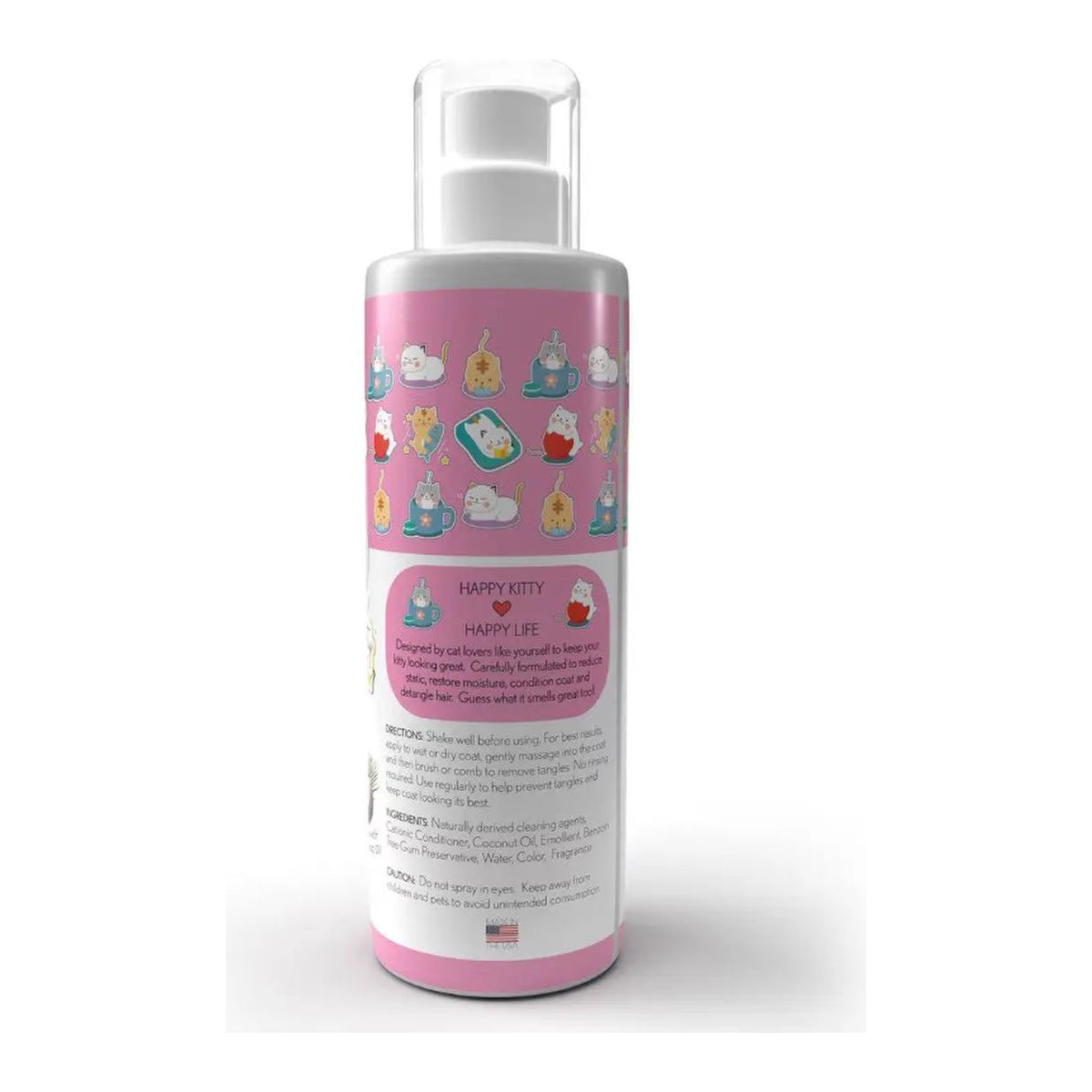 The Kenchii Pets Happy Kitty 8oz Grooming Spray features cute cat designs and info about cat-safe, tangle-free grooming on a pink bottle. Ingredient and usage details are on the back, and it comes with a convenient pump top. Brand: Kenchii.