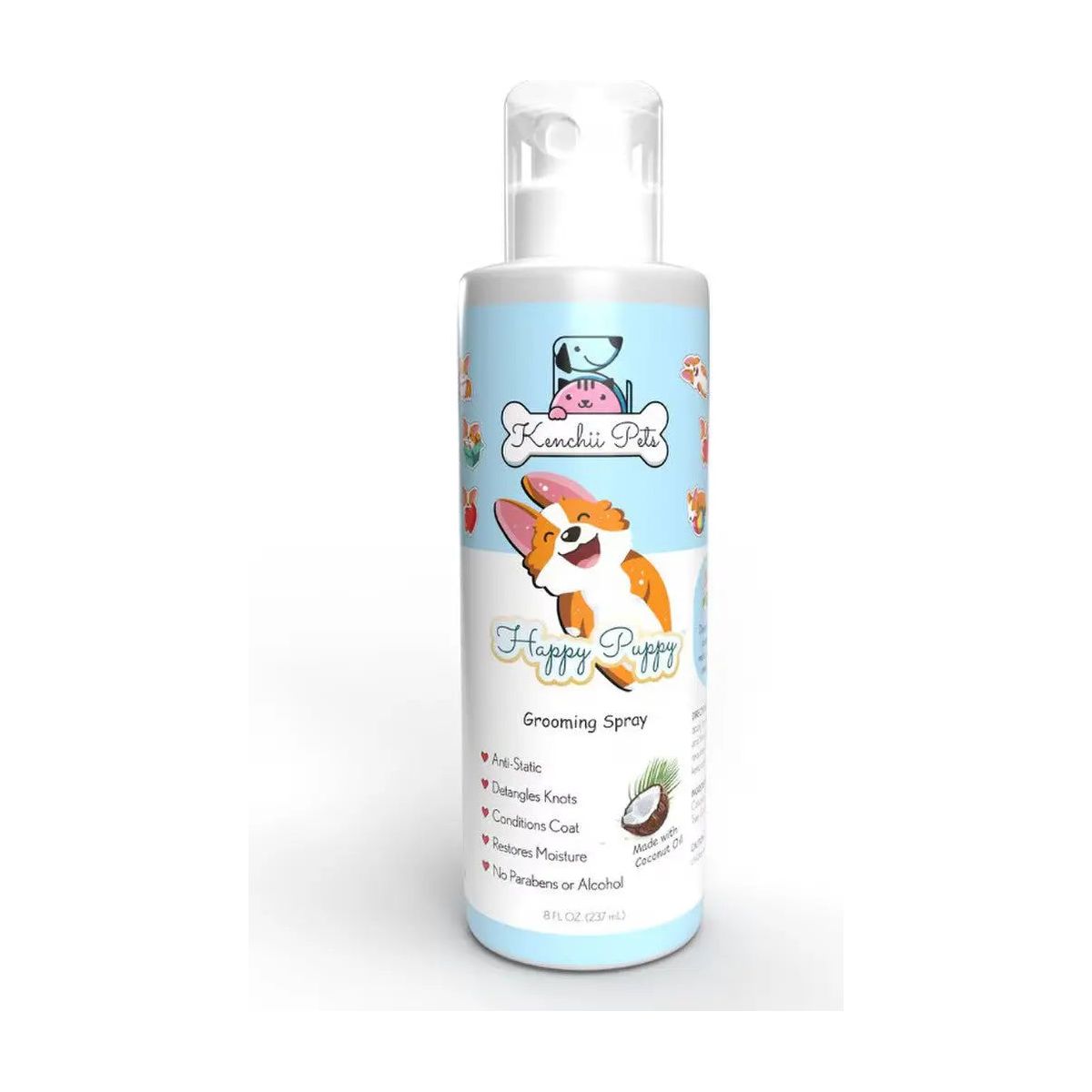 The Kenchii Pets Happy Puppy 8oz Grooming Spray features a cartoon corgi, coconut graphic, and light blue and white label. It detangles coats and comes in an 8oz bottle with a clear spray nozzle. Brand: Kenchii.
