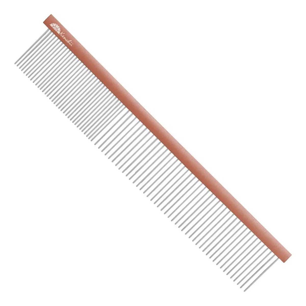 The Kenchii Rose Gold Grooming Comb by Kenchii features a long, slim brown handle and widely spaced silver teeth—perfect for detangling and pet grooming.
