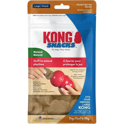 A bag of Kong® Snacks Peanut Butter Dog Treats, made for large KONG rubber toys. The package features a hand placing a treat in a toy, with text promoting all-natural ingredients and playful, rewarding fun for your dog.