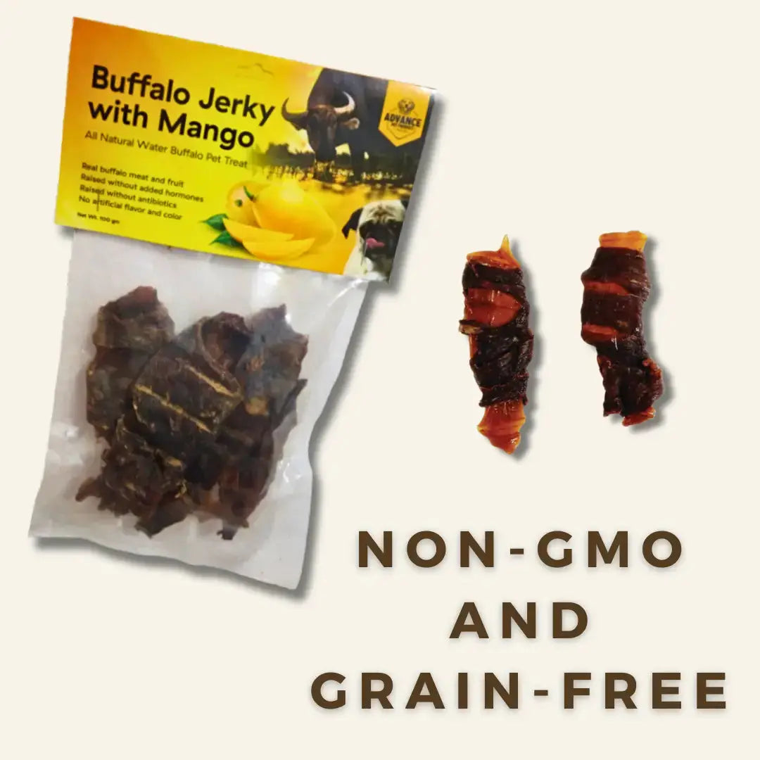 A package of Advance Pet Products’ Long Lasting Water Buffalo Jerky Treats for Healthy Dog Chewing is shown with two jerky pieces beside it. The text reads: NON-GMO AND GRAIN-FREE, featuring all natural ingredients and oral health benefits.
