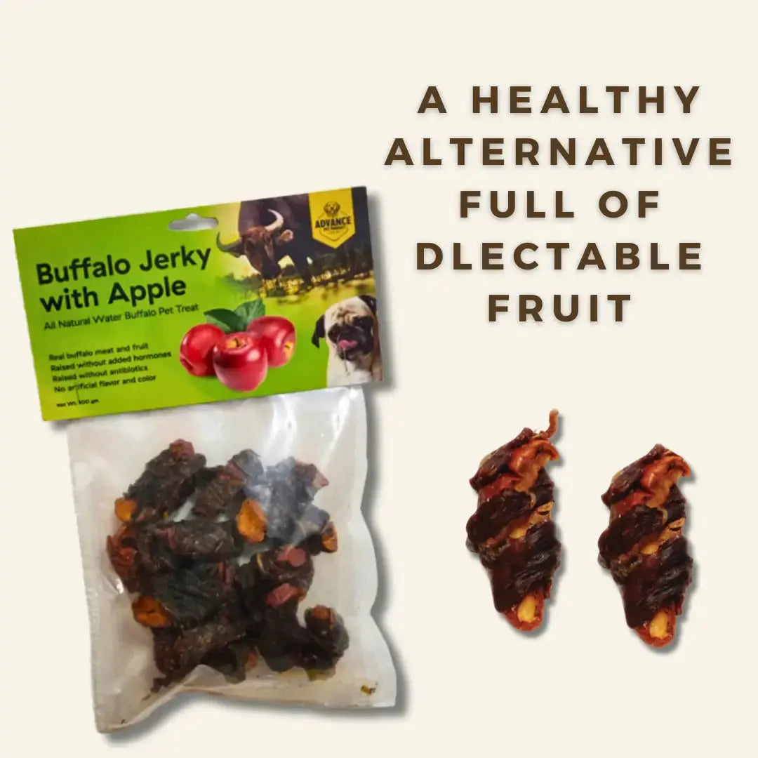 A package of Advance Pet Products Long Lasting Water Buffalo Jerky Treats for Healthy Dog Chewing, with visible jerky and pieces beside the bag. Text: A healthy alternative packed with delectable fruit and all-natural ingredients.