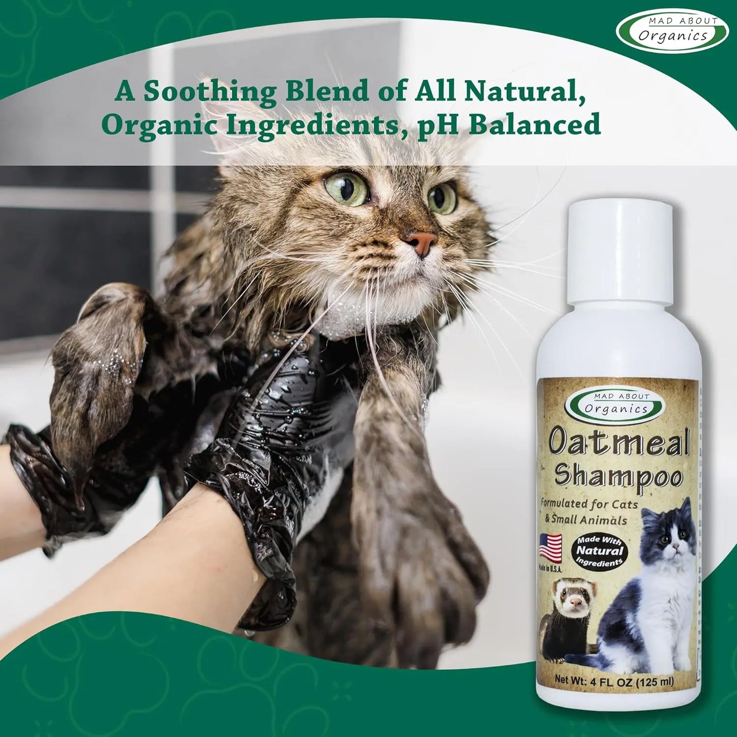 A person in black gloves bathes a long-haired cat beside Mad About Organics Cat Oatmeal Shampoo - Gentle Care for Happy Skin 4oz, highlighted as natural, organic, and pH-balanced to soothe feline skin issues.