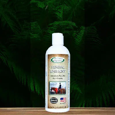 A white bottle of Mad About Organics Herbal Relief Liniment, featuring an All Natural seal and American flag on the label, shows a person treating a horse. It sits on wood with a dark green leafy background.