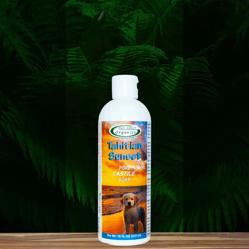 A 16oz bottle of Mad About Organics Tahitian Sunset Dog Shampoo features a dog on the label set against vibrant green fern leaves. This organic shampoo is designed for sensitive skin and safe cleansing.