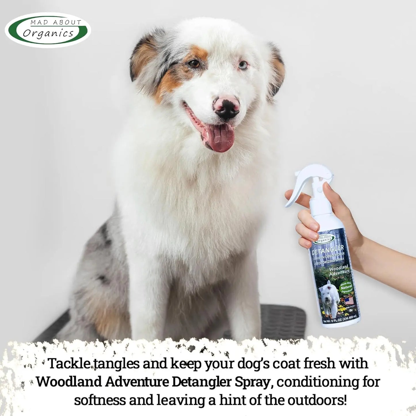 A fluffy white and grey dog sits as someone sprays its coat with Mad About Organics Detangler Spray—Knot-Free Coats Made Easy 8oz, an all-natural conditioner that tames tangles, boosts softness, and leaves a fresh, outdoor scent.