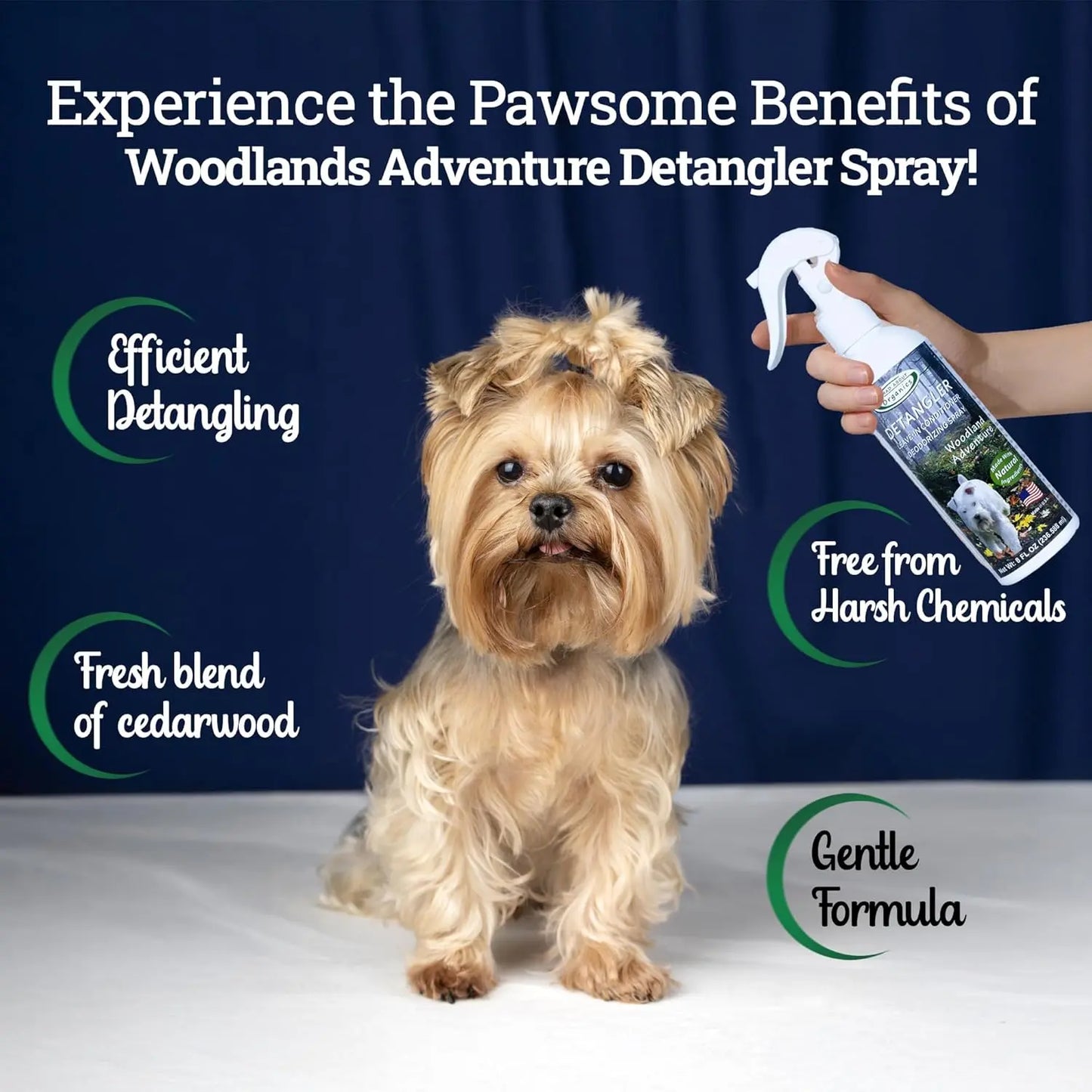 A small, long-haired dog sits as a hand sprays Mad About Organics Detangler Spray – Knot-Free Coats Made Easy 8oz. Text highlights: efficient detangling, cedarwood scent, gentle, all-natural formula; free from harsh chemicals. Blue background.