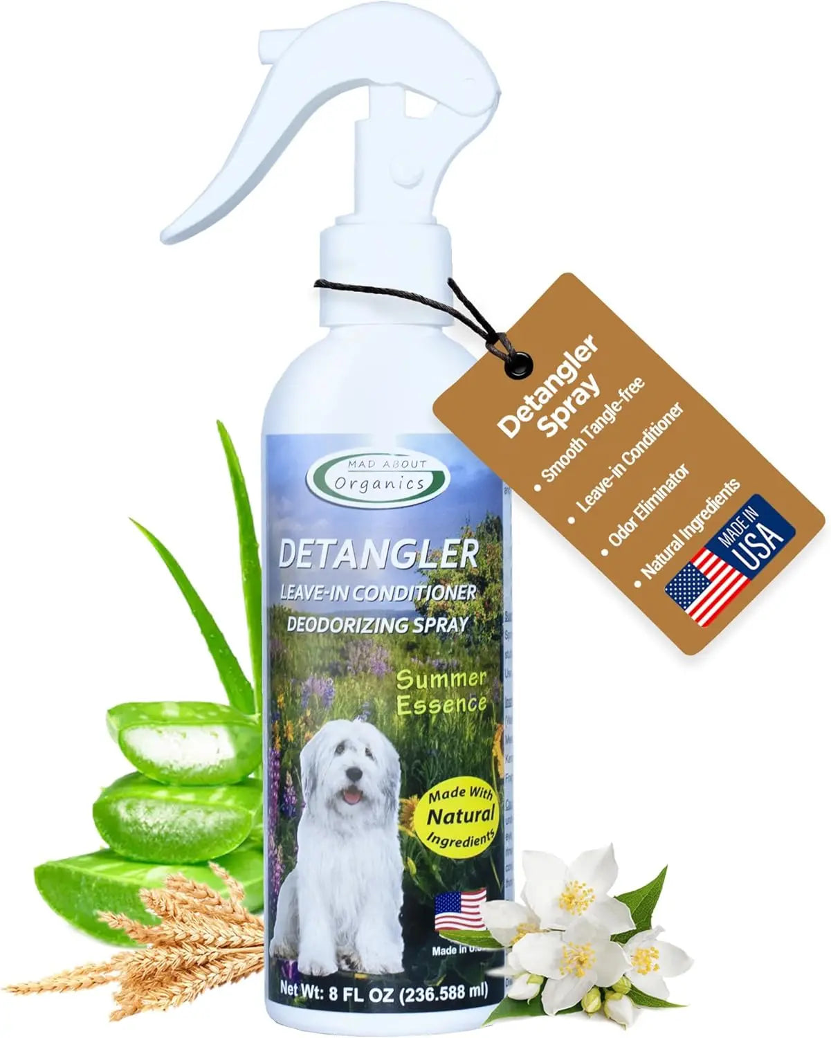 Mad About Organics Detangler Spray - Knot-Free Coats Made Easy, 8oz, features a white dog, aloe vera, flowers, and highlights an all-natural pet conditioner with a fresh cedarwood scent. Proudly made in the USA.